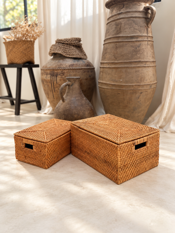 Rotan opbergdoos bruin met deksel - set van twee