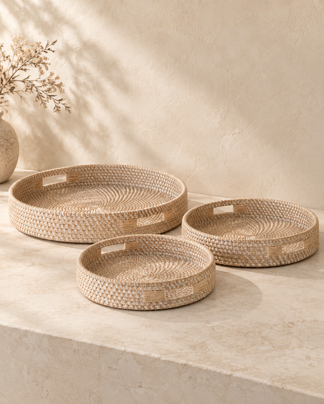 Rotan dienblad rond set van 3 whitewash