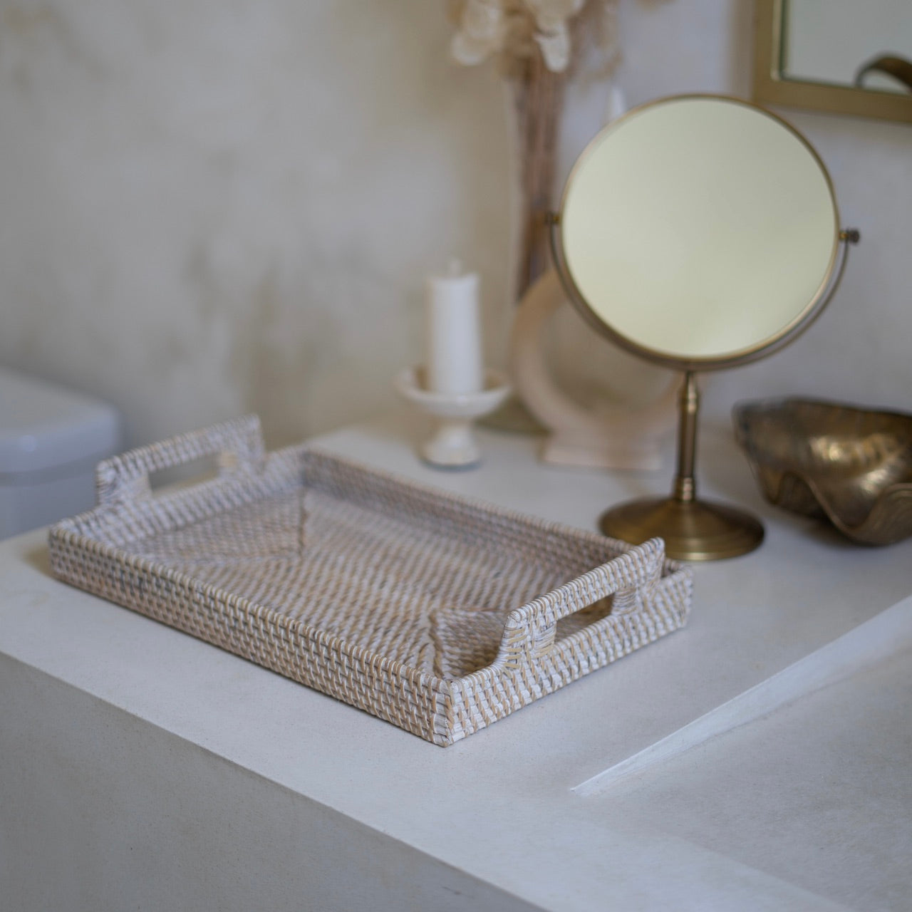 Rotan dienblad rechthoekig white wash