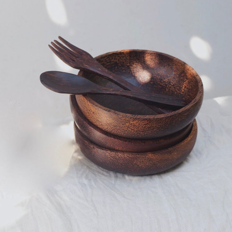 Coconut bowl plus spoon and fork set