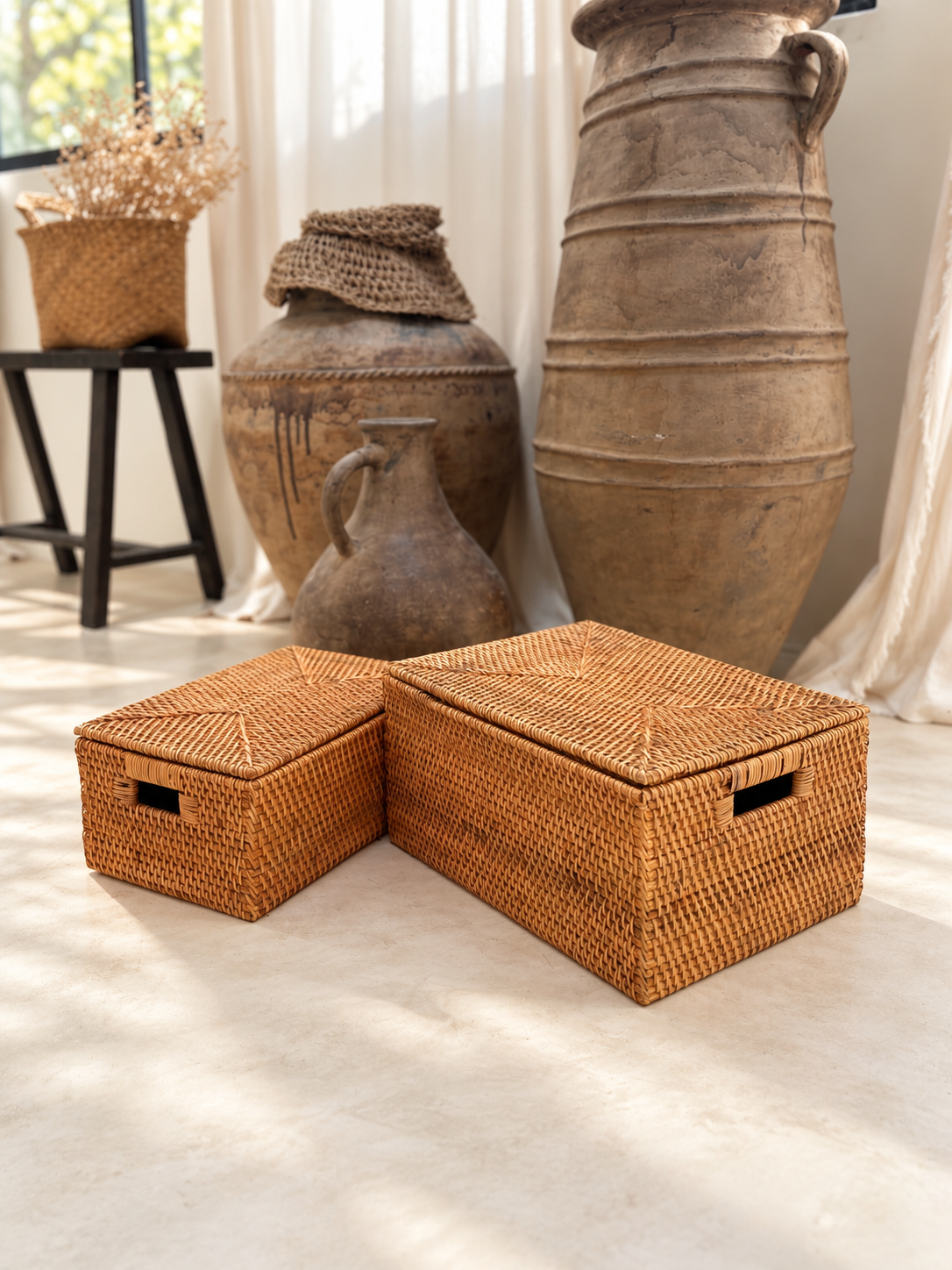 Rotan opbergdoos bruin met deksel - set van twee