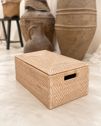 Rotan opbergdoos whitewash met deksel - L