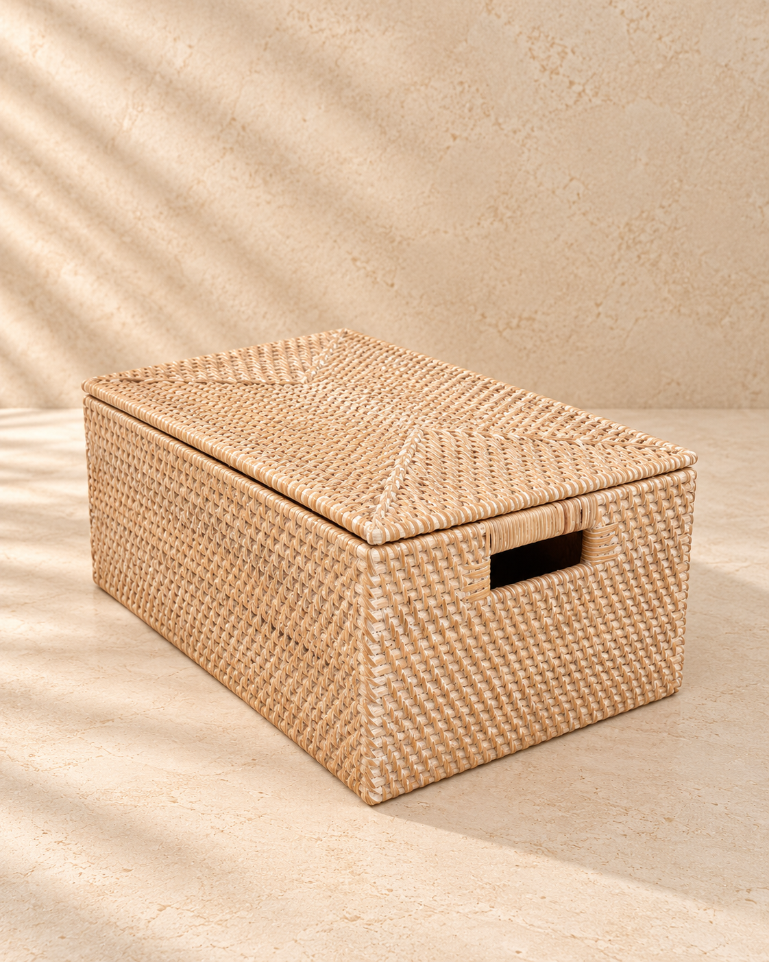 Rotan opbergdoos whitewash met deksel - L