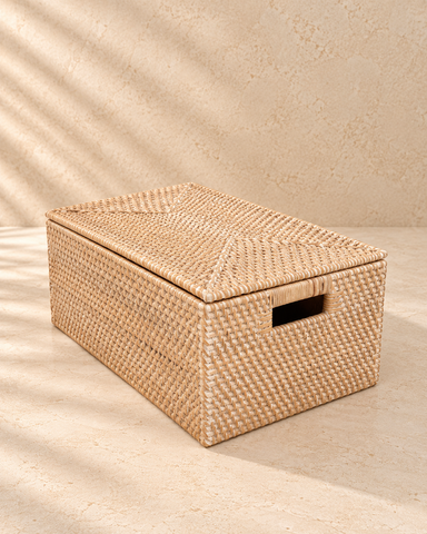 Rotan opbergdoos whitewash met deksel - L