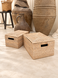 Rotan opbergdoos whitewash met deksel - L