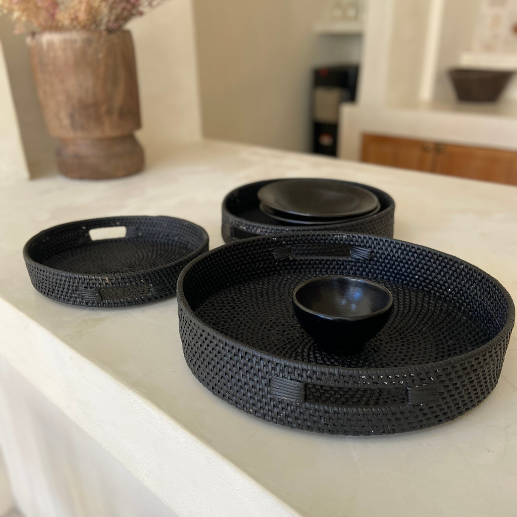 Rotan dienblad rond set van 3 zwart – Yuki Homeware
