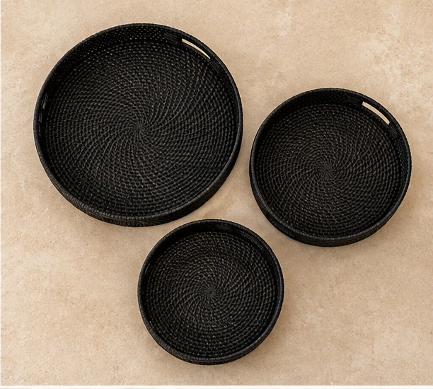 Rotan dienblad rond set van 3 zwart