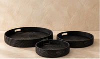 Rotan dienblad rond set van 3 zwart